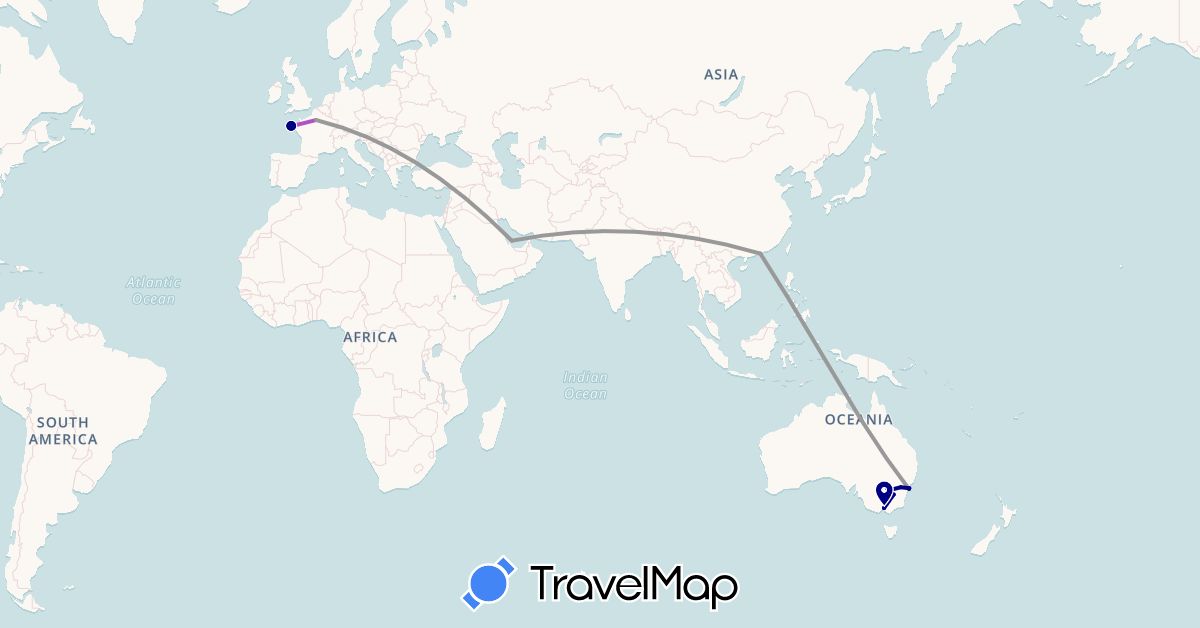 TravelMap itinerary: driving, plane, train, hiking in Australia, France, Hong Kong, Qatar (Asia, Europe, Oceania)